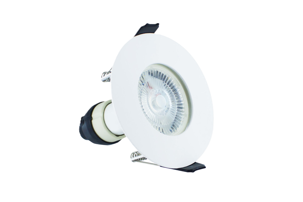 side angle shot of Integral LED Evofire Standard 70mm cut-out round white fire-rated downlight. Angle shows bezel with lamp fitted and the open-back design.