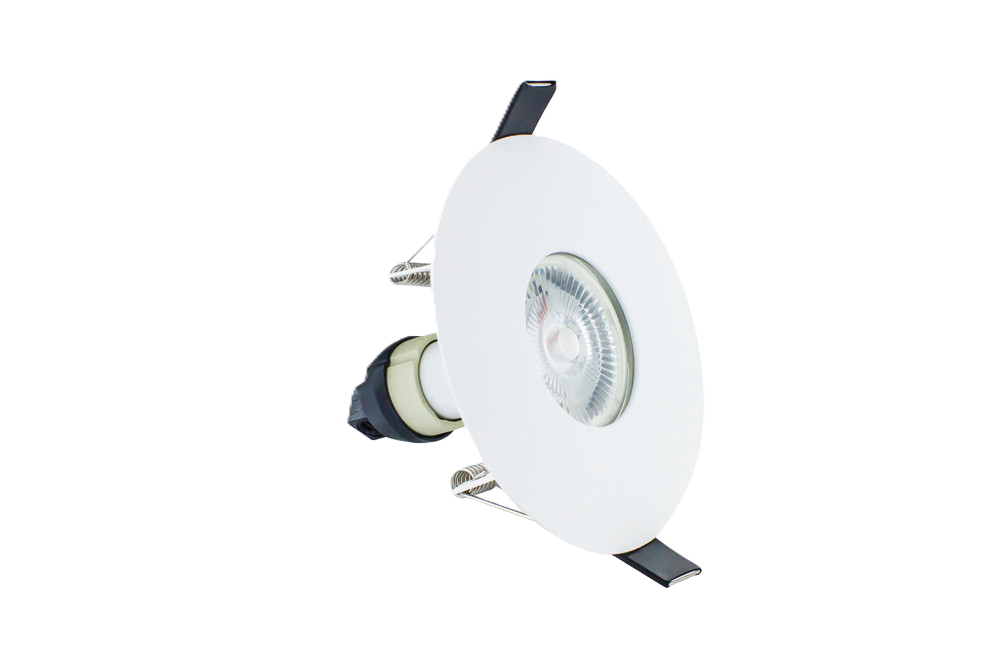 side angle shot of Integral LED Evofire Maxi 70-100mm cut-out round white fire-rated downlight. Angle shows bezel with lamp fitted and the open-back design.