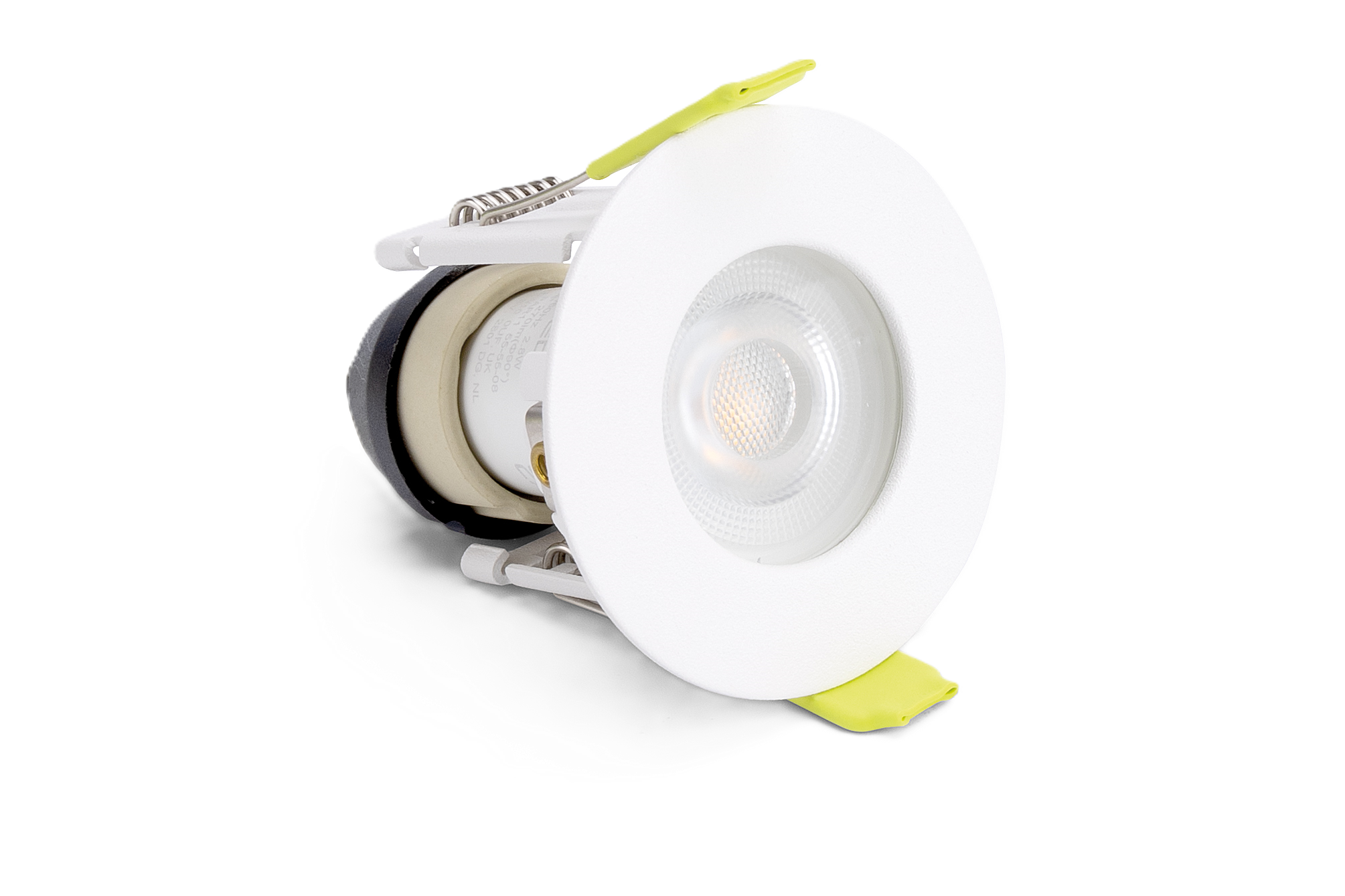 side angle shot of Integral LED Evofire Mini Micro Bezel 43mm cut-out round white fire-rated downlight. Angle shows bezel with lamp fitted and the open-back design.