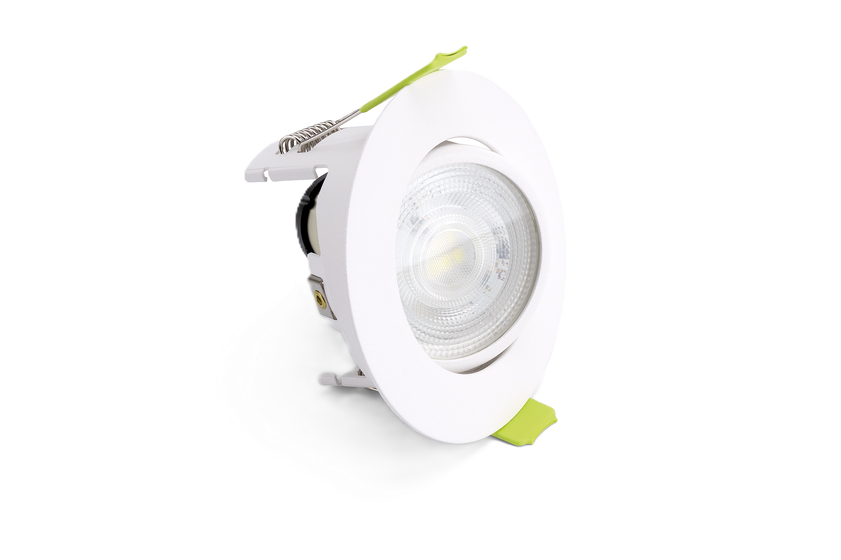 side angle shot of Integral LED Evofire Micro Bezel tiltable 70mm cut-out round white fire-rated downlight. Angle shows bezel with lamp fitted and the open-back design.