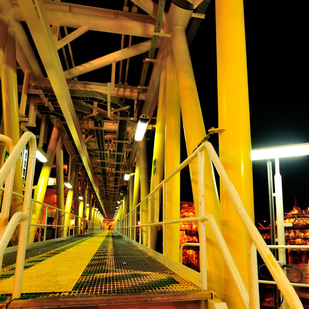 LED lighting on an oil rig gangway.