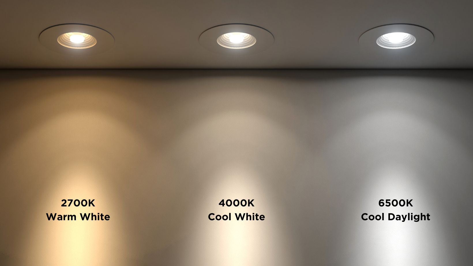 3 plafonniers montrant les couleurs des différentes températures de couleur