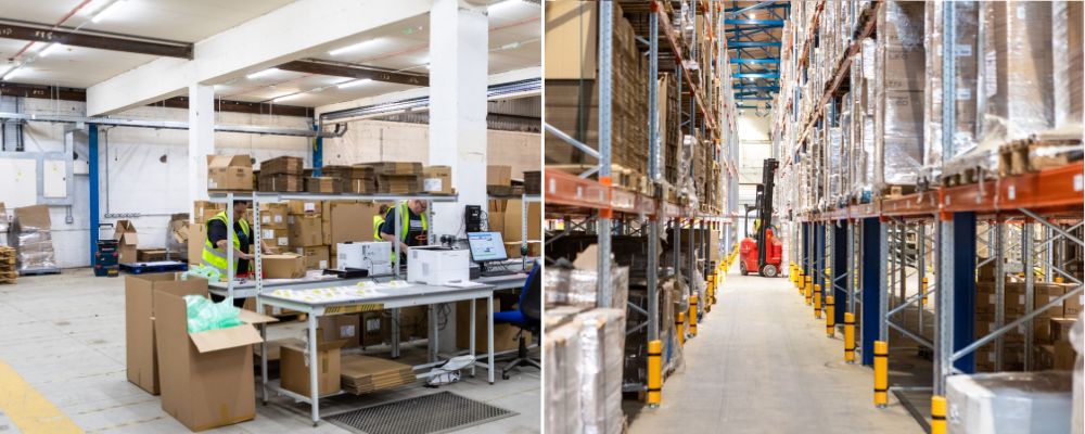 2 images côte à côte. À gauche, sous la mezzanine, des personnes travaillent à un poste d’emballage. À droite, un chariot élévateur est visible au loin entre les hauts rayonnages de stockage.