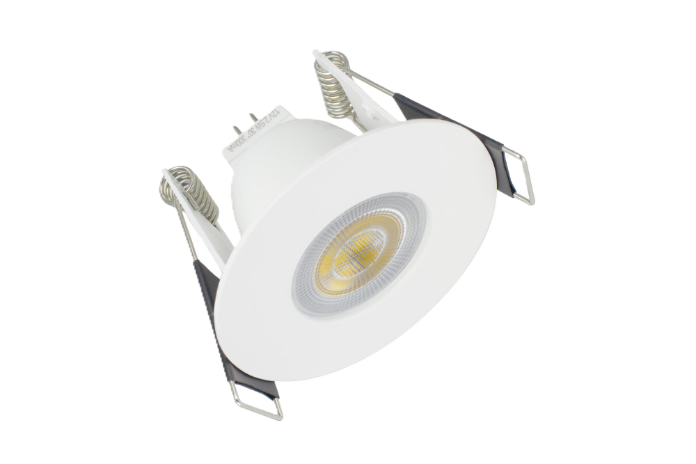 side angle shot of Integral LED Evofire Mini 45mm cut-out round white fire-rated downlight. Angle shows bezel with lamp fitted and the open-back design.