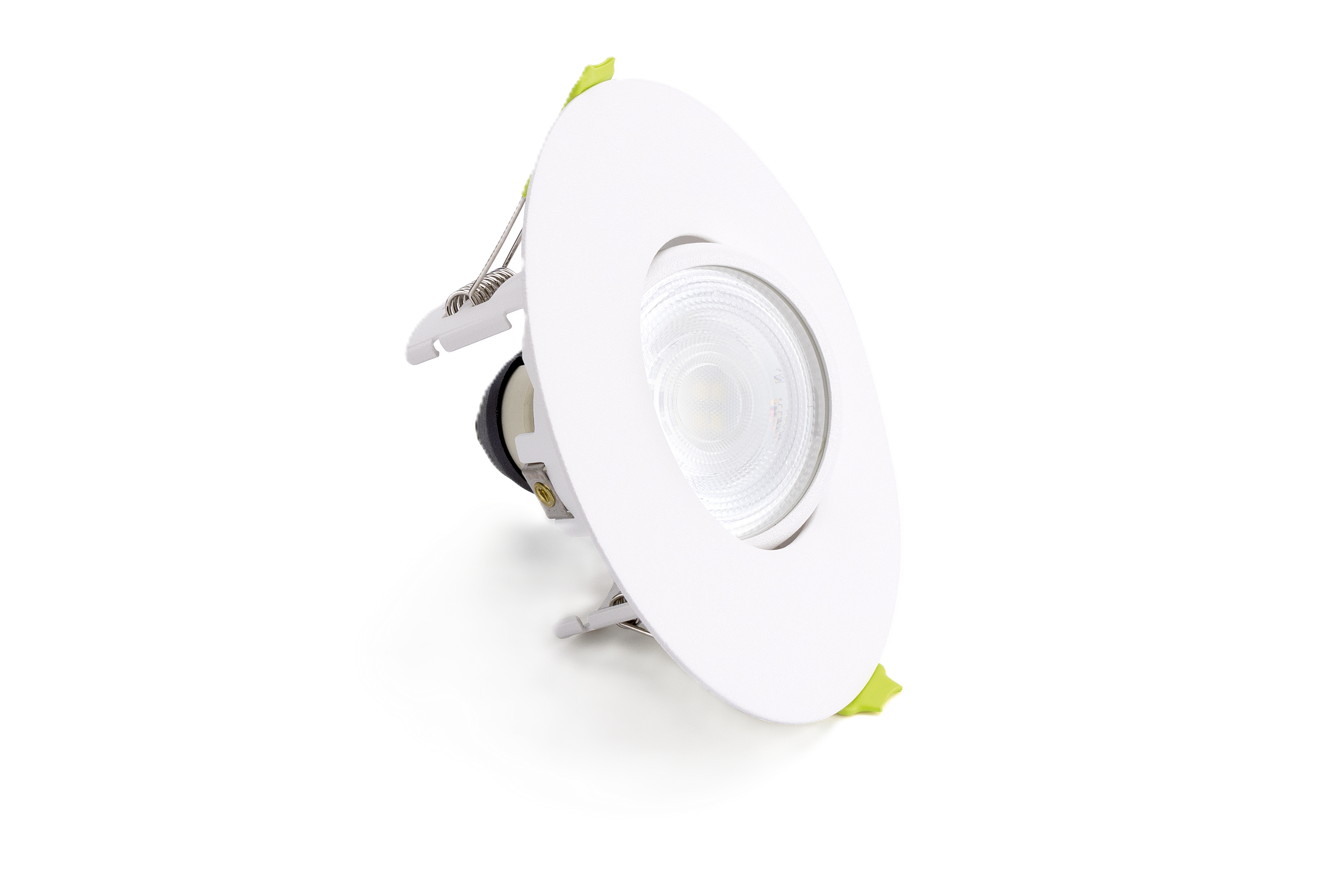 side angle shot of Integral LED Evofire Maxi Tiltable 70-100mm cut-out round white fire-rated downlight. Angle shows bezel with lamp fitted and the open-back design.