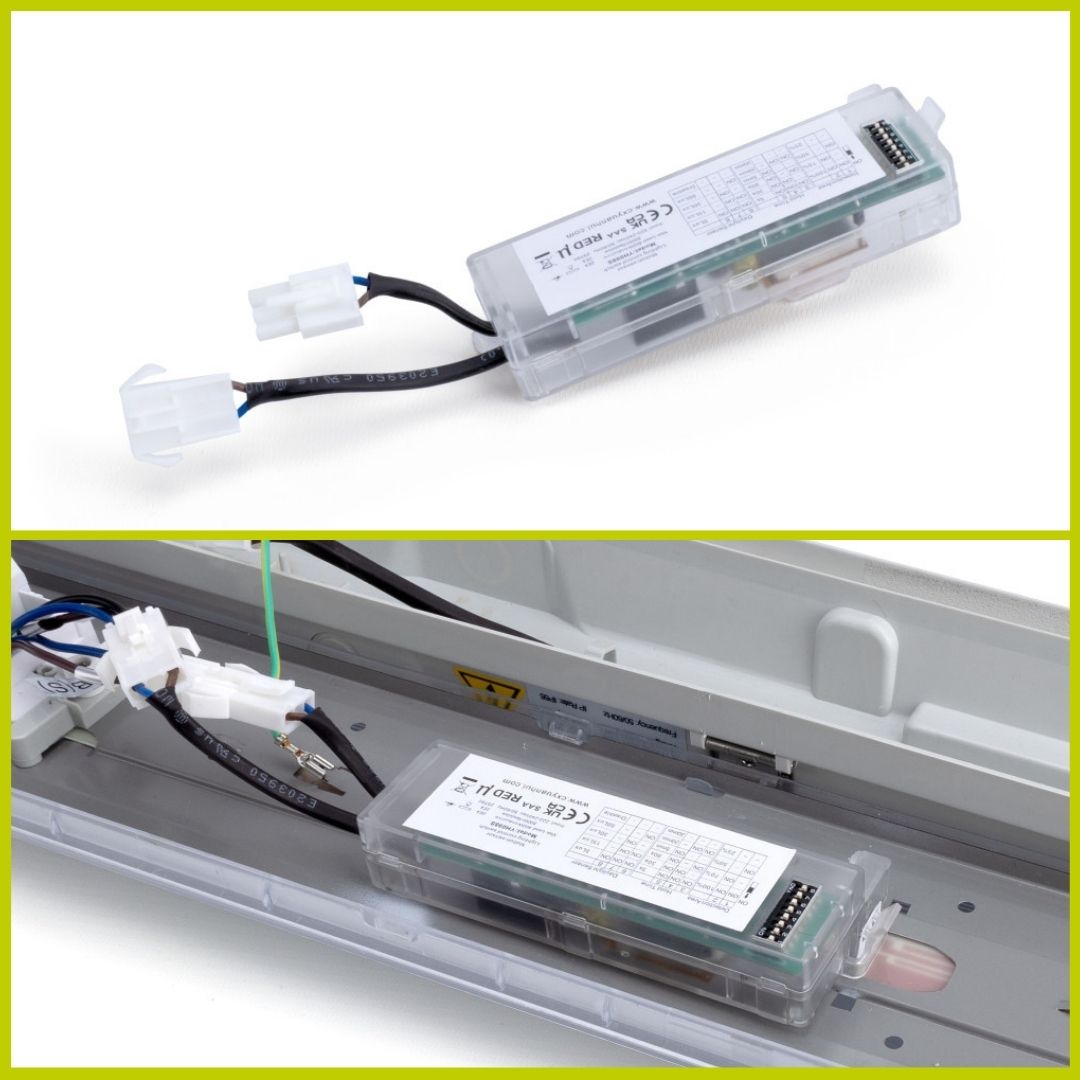 Integral LED Hydra Pro Batten Microwave Sensor plug and play module with picture of module installed