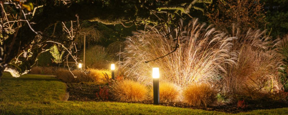 Garden at night with bollard and spike lighting