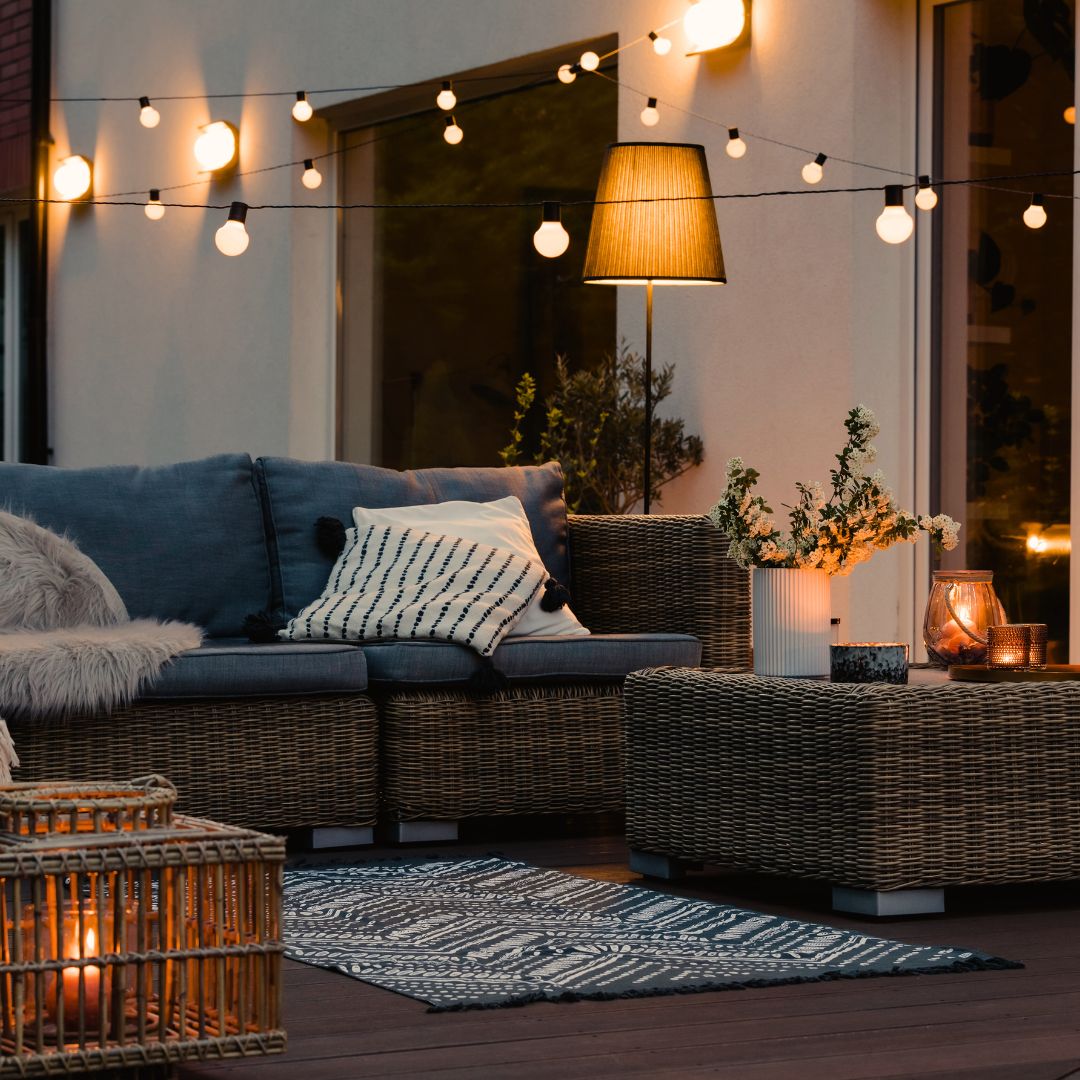 exterior living space with warm lighting