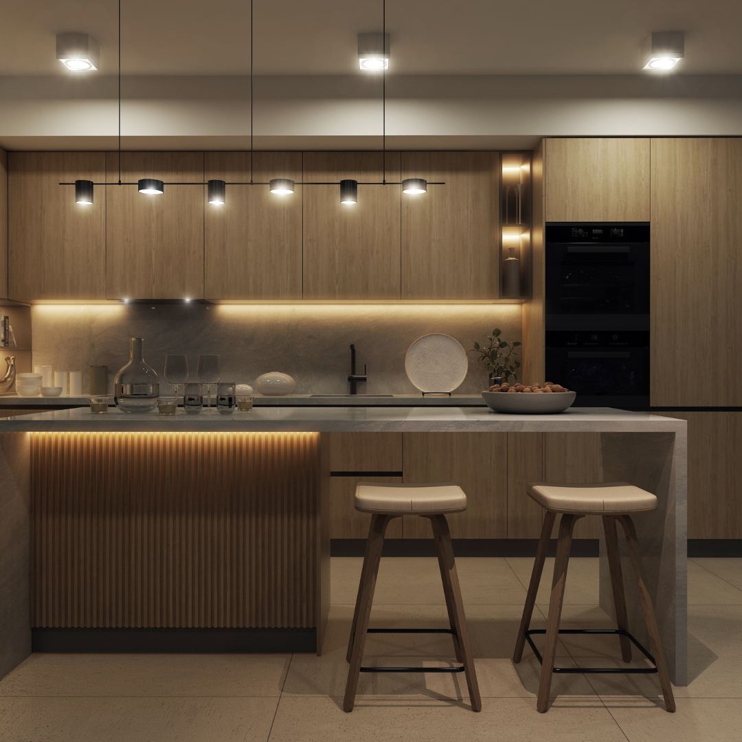 kitchen with warm toned and neutral lighting