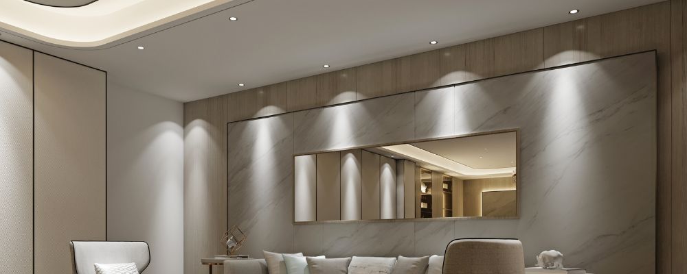 Modern residential living room with downlights and visible light beams